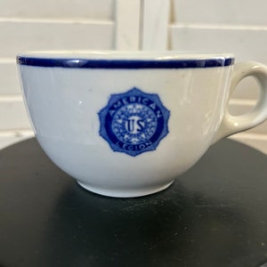Restaurant ware blue and white china heavy coffee cup AMERICAN LEGION 1942 vintage World War II era Bailey Walker Co backstamp