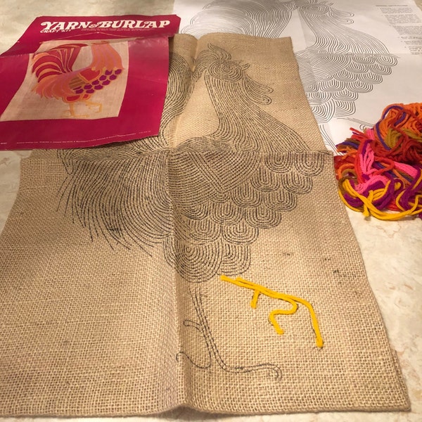 Vintage  ROOSTER kitchen unfinished 1970's mod craft kit large wall hanging burlap & yarn colorful American Greetings farmhouse style art