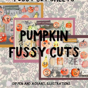 Op de afbeelding: Drie vellen papier met aquarel- en inktillustraties van diverse pompoenen met gezichten, vleermuizen en paddenstoelen. De tekst luidt 3 PUMPKIN FUSSY CUT SHEETS, PUMPKIN FUSSY CUTS, HAPPY HALLOWEEN, DIP PEN AND AQUAREL ILLUSTRATIONS, FOR ALL YOUR JOURNALING, DIRECT DOWNLOAD AND PRINT, en ATELIER MUZEE.