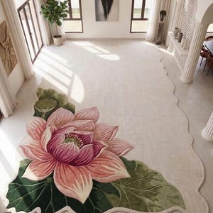 Lotus Flower Area Rug Modern Organic Hand Tufted Wool Floral Leaf Carpet Pink Green Ivory Sculpted Shape Plush Pile Living room Custom Sizes