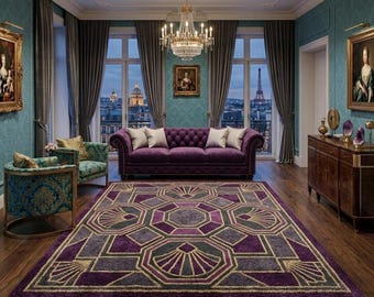 Handmade Tufted Art Deco Rug, Luxury Purple Gold Area Rug, Geometric Vintage Carpet, Elegant Living Room Decor