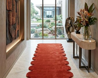 Handmade Tufted Scalloped Runner Rug, Red Hallway Rug, Modern Entryway Carpet, Custom Size Aesthetic Runner Rug