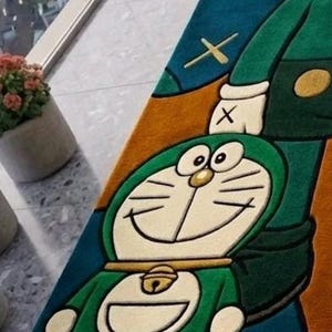 Cartoon Character Area Rug Contemporary Modern Hand Tufted Wool Pop Art Carpet KAWS Inspired Skeleton Design Sage Green Peach Custom Sizes image 4