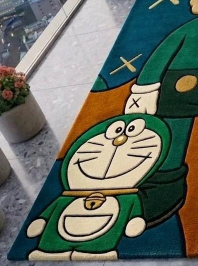 Cartoon Character Area Rug Contemporary Modern Hand Tufted Wool Pop Art Carpet KAWS Inspired Skeleton Design Sage Green Peach Custom Sizes image 4