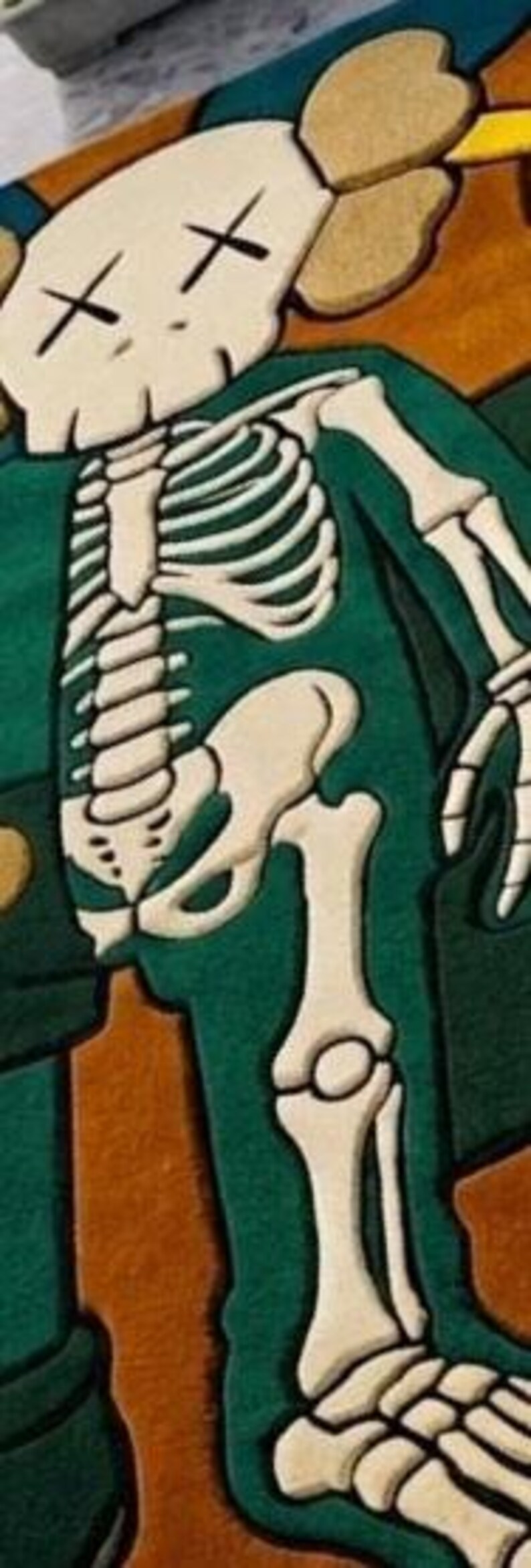 Cartoon Character Area Rug Contemporary Modern Hand Tufted Wool Pop Art Carpet KAWS Inspired Skeleton Design Sage Green Peach Custom Sizes image 3