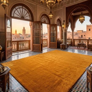 May include: An interior shot of a room with ornate wooden doors and windows, showcasing a city view at sunset. The room features a large, mustard-yellow rug, intricate tile flooring, and decorative hanging lanterns. The architecture has a Moroccan style.
