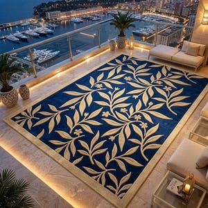Handmade Tufted Blue Floral Rug, Luxury Botanical Area Rug, Modern Leaf Pattern Carpet, Aesthetic Home Decor Rug