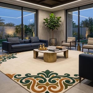 Traditional Scroll Border Area Rug Modern Classic Botanical Corner Motif Carpet Emerald Green Camel Gold Ivory Plush Pile Custom Sizes