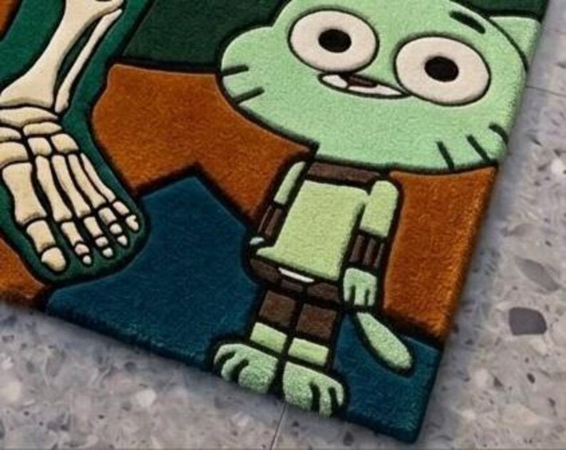 Cartoon Character Area Rug Contemporary Modern Hand Tufted Wool Pop Art Carpet KAWS Inspired Skeleton Design Sage Green Peach Custom Sizes image 5