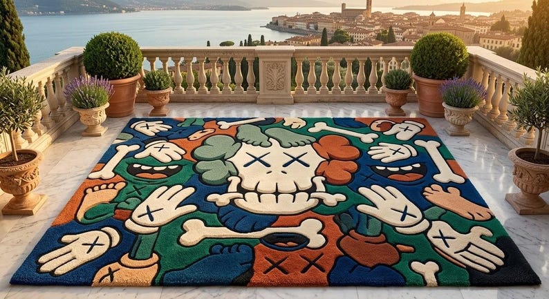 Abstract KAWS Cartoon Area Rug Pop Art Modern Hand Tufted Wool Graphic Character Carpet Blue Green Orange Plush Pile 8x10 9x12 Custom Sizes