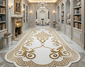 Baroque Scroll Area Rug Classic Luxury Hand Tufted white gold Wool Greek Key Carpet White Gold Scalloped Plush Pile 8x10 9x12 Custom Sizes