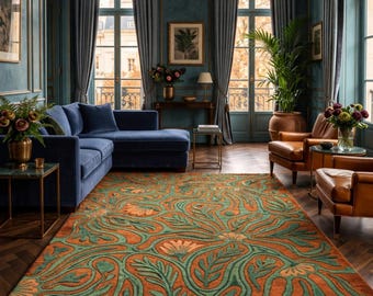 Handmade Tufted Floral Rug, Vintage Green Orange Area Rug, Luxury Botanical Carpet, Elegant Living Room Decorate