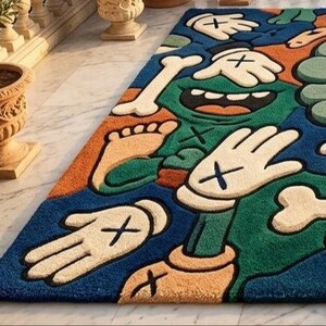 May include: A colorful, cartoon-style rug with a blue background and various shapes. The rug features green, orange, and beige elements, including hands with black crosses, bones, and a foot. The rug is designed for home decor.