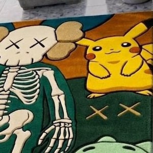 Cartoon Character Area Rug Contemporary Modern Hand Tufted Wool Pop Art Carpet KAWS Inspired Skeleton Design Sage Green Peach Custom Sizes image 2