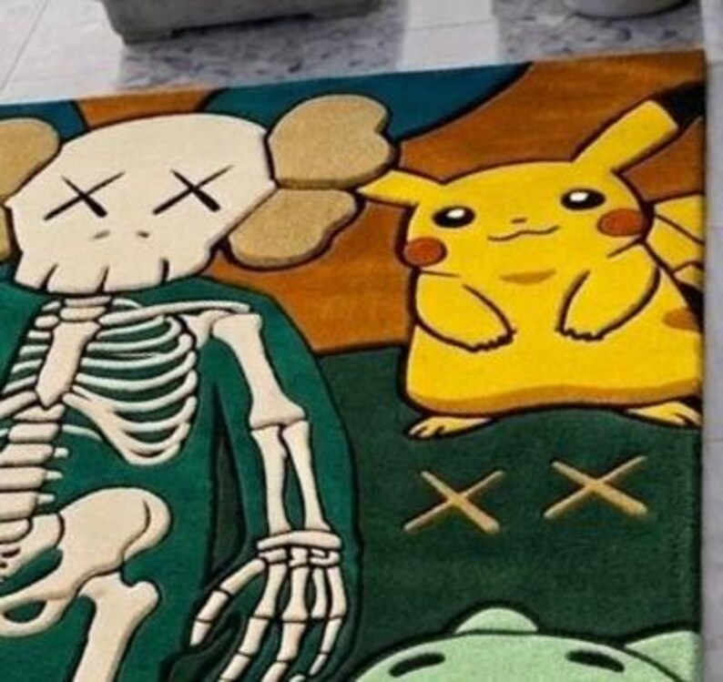 Cartoon Character Area Rug Contemporary Modern Hand Tufted Wool Pop Art Carpet KAWS Inspired Skeleton Design Sage Green Peach Custom Sizes image 2