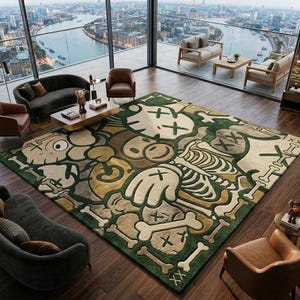Puede incluir: Una alfombra rectangular grande con un diseño de dibujos animados en tonos verdes, beige y marrón. La alfombra presenta varios elementos gráficos, incluyendo huesos, manos y caras. Está colocada en un salón moderno.