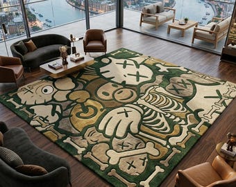 Luxury KAWS Inspired Tufted Rug, Street Art Skeleton Carpet, Handmade Designer Area Rug, Modern Aesthetic Home Decor