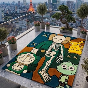 Cartoon Character Area Rug Contemporary Modern Hand Tufted Wool Pop Art Carpet KAWS Inspired Skeleton Design Sage Green Peach Plush Pile 8x10 9x12 Custom Sizes