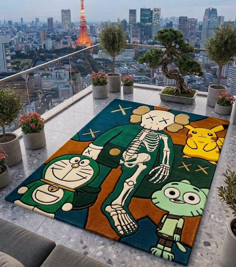 Cartoon Character Area Rug Contemporary Modern Hand Tufted Wool Pop Art Carpet KAWS Inspired Skeleton Design Sage Green Peach Plush Pile 8x10 9x12 Custom Sizes