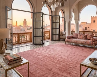 Minimalist Solid Area Rug Moroccan Modern Hand Tufted Wool Carpet Dusty Rose Blush Pink Plush Pile 8x10 9x12 Custom Sizes