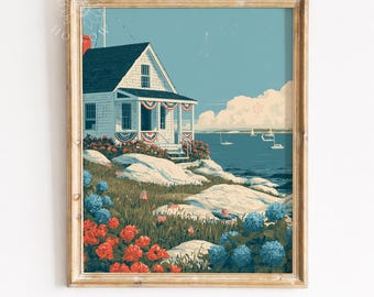 Seaside Cottage 4th of July Art - Retro Coastal Landscape, Vintage Travel Poster Style, Patriotic Cottagecore Scene, Printable Download 1231