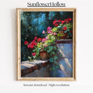 Puede incluir: Pintura enmarcada de geranios rojos y rosas en macetas de terracota sobre un muro de piedra. El follaje verde rodea las flores, sobre un fondo de tonos azules y verdes. El texto "SunflowerHollow" está en la parte superior.