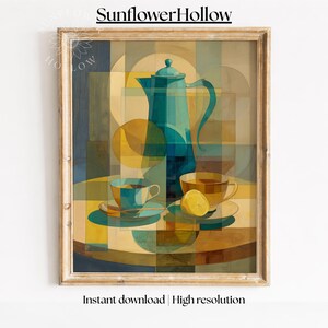 Puede incluir: Impresión artística abstracta con una tetera turquesa, dos tazas de té y un limón sobre una mesa. La obra de arte tiene un diseño geométrico con tonos turquesa, amarillo y marrón. El texto "SunflowerHollow" está en la parte superior.
