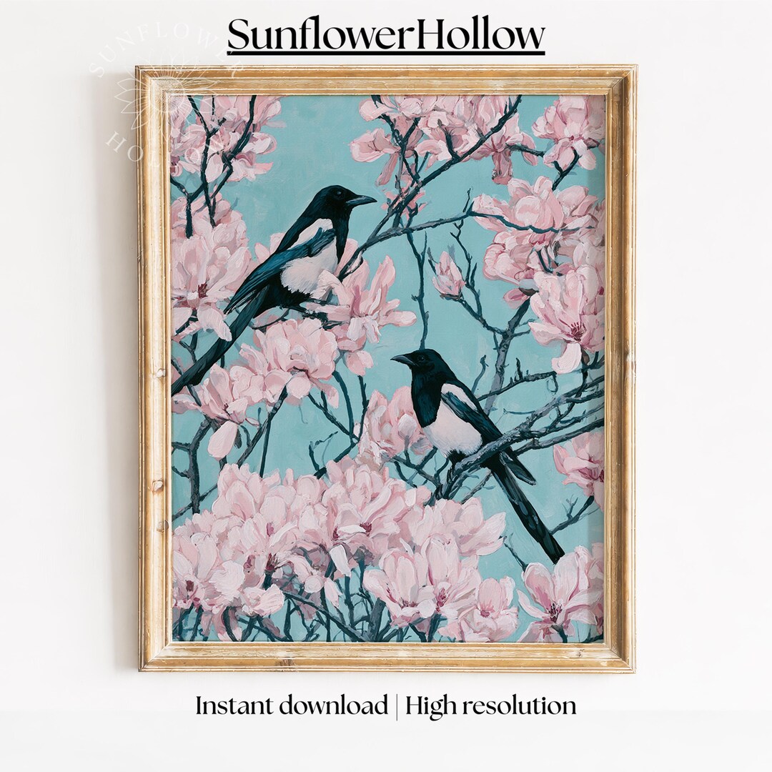 Springtime Magpies Watercolor Magpies and Magnolia Blossoms - Vintage Springtime Botanical ...