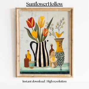 May include: A framed art print featuring a still life with a black and white striped pitcher filled with tulips. Other vases and bottles are arranged on a table. The print has the text "SunflowerHollow" and "Instant download | High resolution".