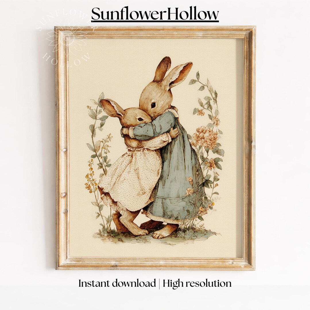 Cottage Core Rabbit Cottagecore Mother Rabbit Art, Vintage Woodland Rabbits Embracing in ...
