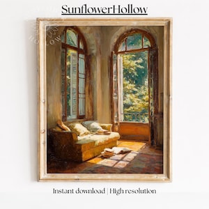 May include: A framed painting shows a sunlit interior. A yellow sofa with cushions is near an open arched doorway and window. Sunlight streams through the openings, lighting the room. The text "SunflowerHollow" is at the top.
