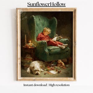 May include: A framed vintage print depicts a child reading in a green armchair. A white dog rests on the floor near the chair, surrounded by toys. The print has the text "SunflowerHollow" at the top and "Instant download | High resolution" at the bottom.