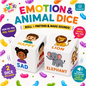 May include: Two white square dice featuring colourful illustrations and text. One die displays emotions including Happy, Sad, and Angry with cartoon faces. The other die shows animals like Lion, Elephant, and Monkey. The text reads Emotion & Animal Dice.