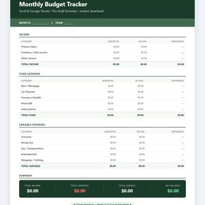 Hoja de cálculo para el seguimiento del presupuesto mensual / Planificador de finanzas personales en Excel y Google Sheets, registro de gastos (descarga instantánea)