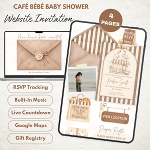 May include: A digital baby shower website invitation template featuring a cafe theme with brown and cream stripes. The design includes an envelope with a wax seal, a photo placeholder, a gift registry bag, a location sign, and RSVP tracking.