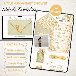 May include: A digital baby shower invitation website template featuring a yellow and green floral bee theme. The interface includes four pages with sections for RSVP tracking, gift registry, live countdown, Google Maps, and music integration.