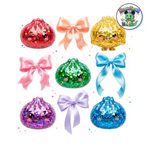 May include: A collection of five round, glittery dumpling-shaped characters with winking faces in red, yellow, green, purple, and blue, interspersed with four satin ribbons in peach, pink, light blue, and lavender, plus a Noomotoons logo sticker.