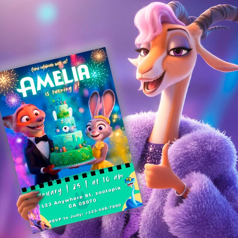 May include: A rectangular birthday invitation card featuring Zootopia characters Nick Wilde and Judy Hopps holding a green tiered cake. The text reads: Come celebrate with us! AMELIA is turning 7! January 25 at 10 am, 123 Anywhere St. Zootopia, CA 08970, RSVP to Judy: +123-456-7890.