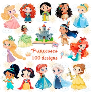 Prinsessa Baby Flicka Barn Clipart Akvarell Design PNG Bundle Chibi Mall Ladda ner Digital Fil Snövit Frost Vaiana Den Lilla Sjöjungfrun