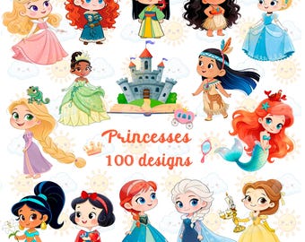 May include: A collection of cartoon princess illustrations, including Aurora, Merida, Mulan, and others. The image features the text "Princesses 100 designs" in a decorative font, along with a castle and a carriage.
