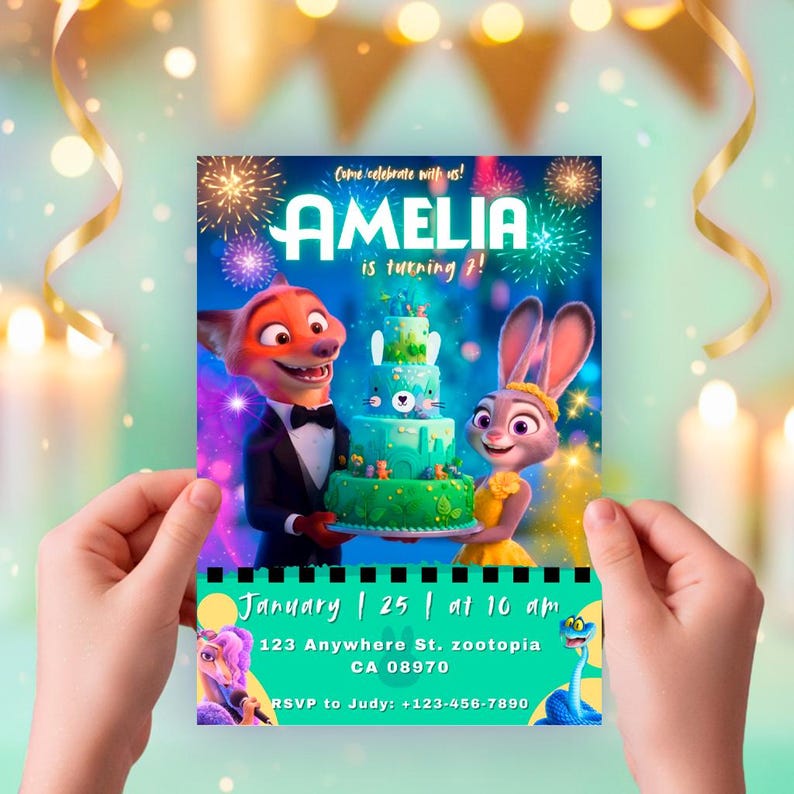 May include: A rectangular birthday invitation card featuring a fox in a tuxedo and a rabbit in a yellow dress holding a tiered green cake. The text reads AMELIA is turning 7, January 25 at 10 am, 123 Anywhere St. Zootopia CA 08970, RSVP to Judy +123-456-7890.