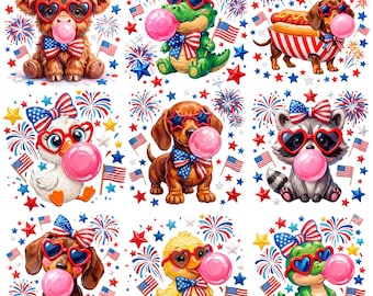 4th of July Patriotic Duck Highland Cow Alligator Dachshund Hot Dog USA Kids Fireworks American Flag Bow Brushstroke Sublimation Design