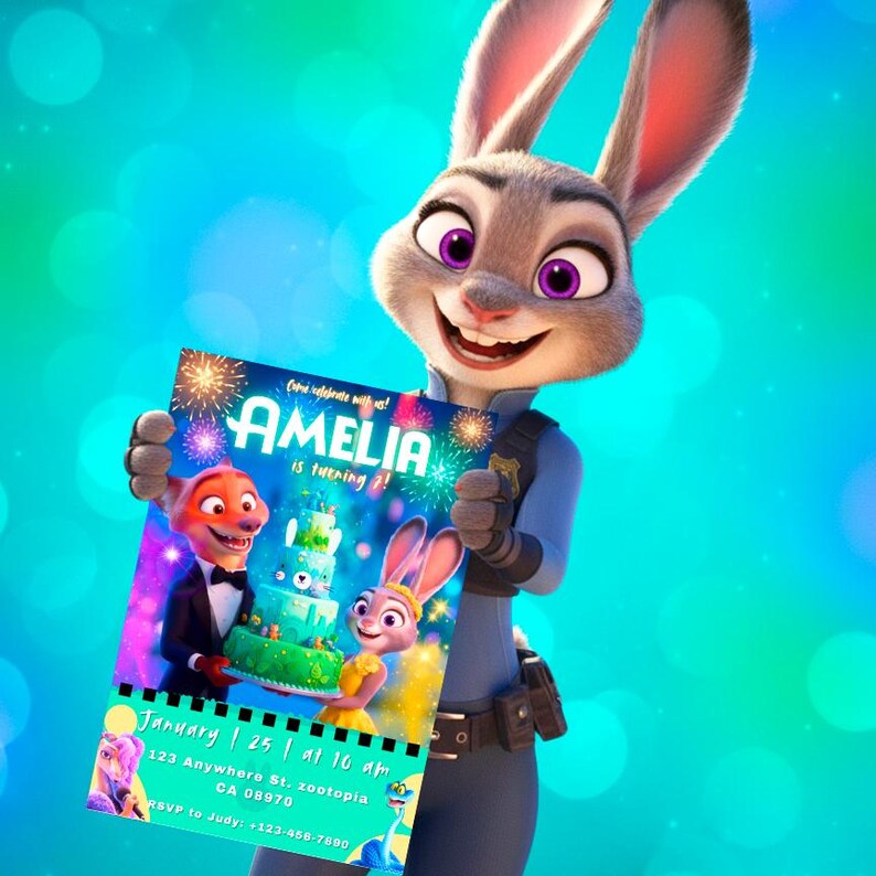 May include: A rectangular birthday invitation card featuring Judy Hopps holding it. The card displays the text AMELIA is turning 7, with illustrations of Nick Wilde and Judy Hopps, a tiered cake, fireworks, and event details for January 25 at 10 am.