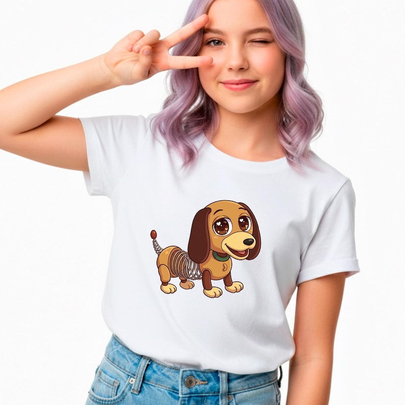 May include: White t-shirt featuring a cartoon dachshund toy with brown ears, a yellow body, and a spring-like midsection. The dog has large, expressive eyes and a green collar. The shirt is paired with blue jeans.