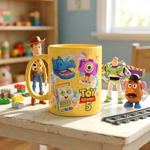 Pu&ograve; includere: Una tazza di ceramica gialla con personaggi e la scritta "Toy Story 5". La tazza &egrave; circondata da statuette di Toy Story, tra cui Woody, Buzz Lightyear e Mr. Potato. La tazza &egrave; su un tavolo di legno bianco.