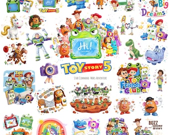 May include: A collection of Toy Story 5 themed illustrations featuring characters like Woody, Buzz Lightyear, Slinky Dog, and Mr. Potato Head. The graphics include text such as Toy Story 5, Adventure Starts, Tiny Toys Big Dreams, and Star Command: Mars Adventure.