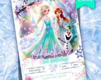 Frozen Summer Watercolor Birthday Invitation Template: Any Age Princess Girl Winter Spring Summer Invite (Canva Editable, Instant Download)