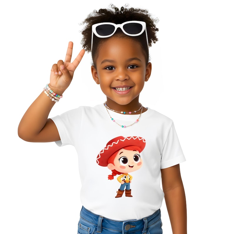 May include: A young child wearing a white t-shirt featuring a cartoon image of a character with a red hat. The child is also wearing sunglasses, a necklace, and bracelets. The child is smiling and holding up two fingers.