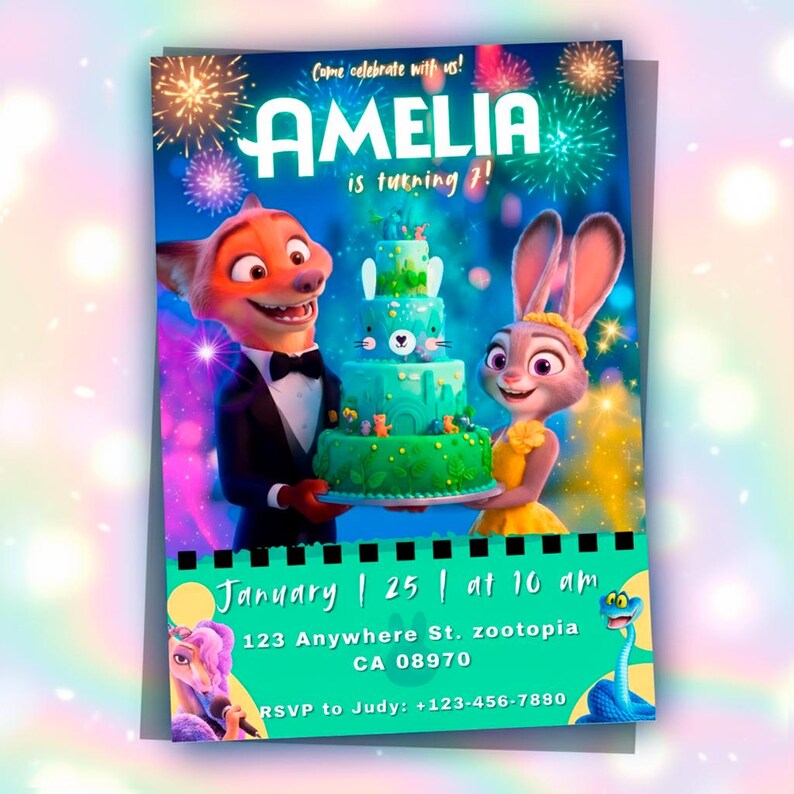 May include: A birthday invitation featuring a fox in a tuxedo and a rabbit in a yellow dress holding a tiered green cake. The text reads: Come celebrate with us! AMELIA is turning 7! January 25 at 10 am, 123 Anywhere St. Zootopia CA 08970, RSVP to Judy: +123-456-7880.