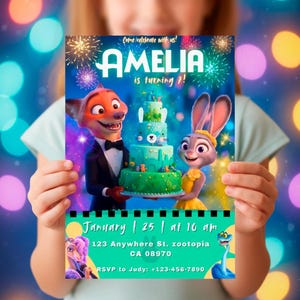 May include: A rectangular birthday invitation card featuring Nick Wilde and Judy Hopps from Zootopia holding a tiered green cake. The text reads: Come celebrate with us! AMELIA is turning 7! January 25 at 10 am, 123 Anywhere St. Zootopia CA 08970, RSVP to Judy: +123-456-7890.